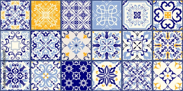 Obraz Collection of 18 ceramic tiles in turkish style. Seamless colorful patchwork from Azulejo tiles. Portuguese and Spain decor. Islam, Arabic, Indian, Ottoman motif. Vector Hand drawn background