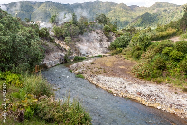 Obraz landscape with views of volcanic springs and fumaroles emitting smoke, Furnas - Sao Miguel