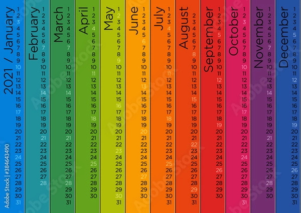 Fototapeta Creative rainbow linear calendar 2021, sundays holidays. Editable vector template for print design.