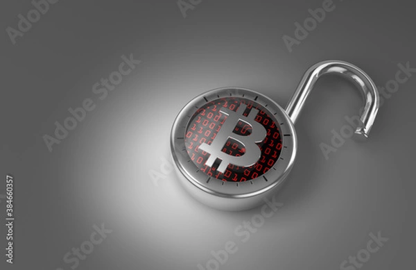 Obraz Unlocked Bitcoin data,breached,hacked,vulnerable and unprotected as 3d rendering.