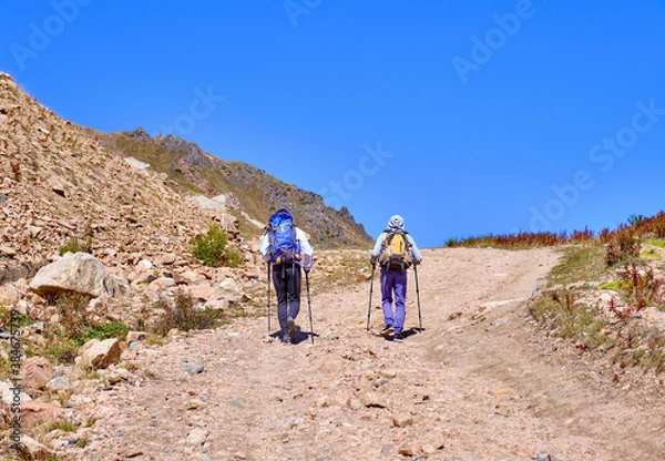 Fototapeta Group of tourists has a trekking on a dirt road in the highlands against a blue sky; active lifestyle concept