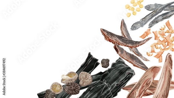 Obraz 和風出汁の材料フレーム　水彩風手描きイラスト