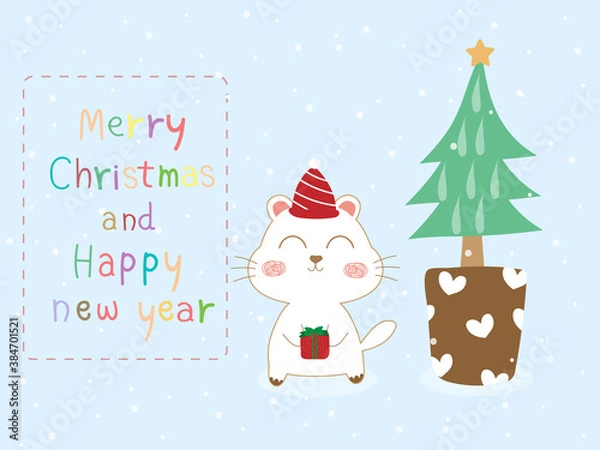 Fototapeta Sweet and beautiful Christmas card with white dog and gift box, xmas tree and text Merry Christmas on pastel blue background. Cute vector art design with snowfall for xmas and new year wallpaper.