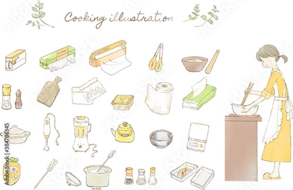 Fototapeta 料理をする女性とキッチン用品のイラストセット