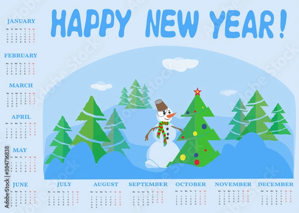 Fototapeta The 2021 calendar is blue with Christmas fir trees and a snowman in the center.