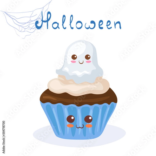 Fototapeta Kawaii vector illustration of smiling Halloween Cupcake with Candy Ghost isolated. Cute happy comic cartoon food characters with lettering on white background. All Saints Day print, party invitation.