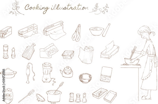 Obraz 料理をする女性とキッチン用品の線画イラストセット