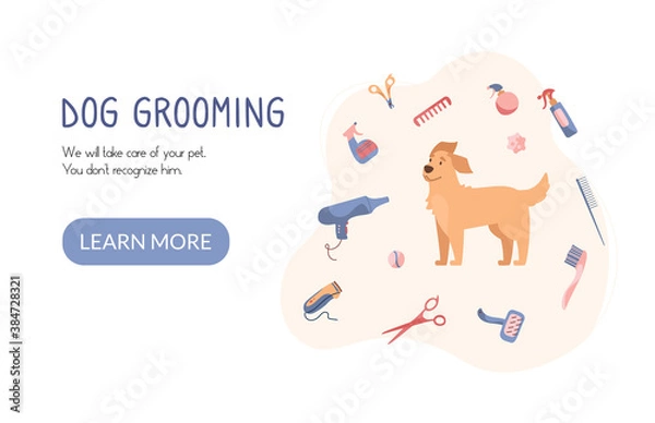 Fototapeta Dog grooming website. Pet haircut in cartoon style. Golden Retriever and grooming products, shampoos, wire cutters, combs, scissors. Vector. Landing page isolated on white background.