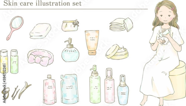 Obraz スキンケアする女性とスキンケア用品のイラストセット