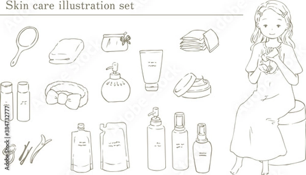Obraz スキンケアする女性とスキンケア用品の線画イラストセット