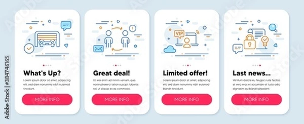 Fototapeta Set of Technology icons, such as Vip access, Parking garage, Workflow symbols. Mobile app mockup banners. Security contract line icons. Exclusive privilege, Automatic door, Partnership. Vector