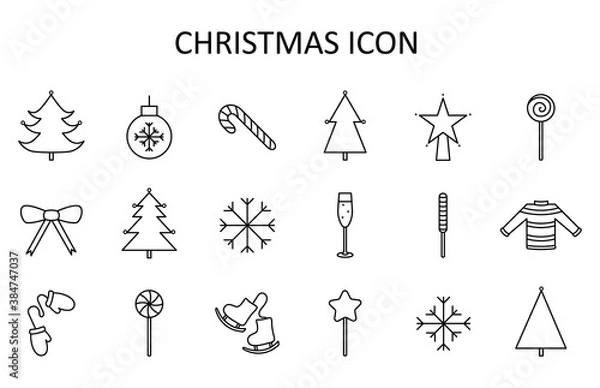 Fototapeta Vector outline icon set with Christmas stuff: tree, toys, candy cane, chapagne, mittens, star, sweater, skates,snowflakes, bow. White silhouette with black line.
