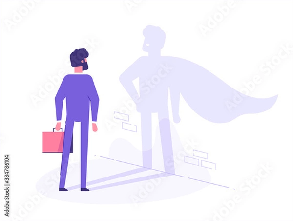 Fototapeta A businessman casts a shadow of a superhero in a cape on the wall. Business motivation and training concept. Vector illustration.