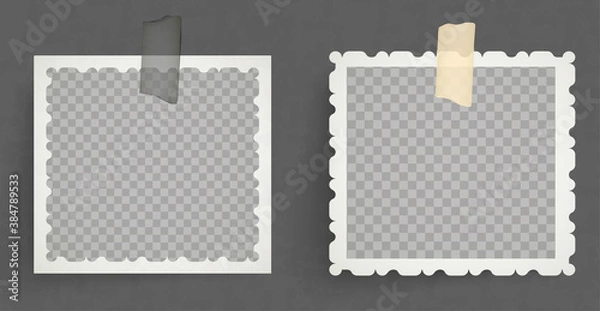 Fototapeta vintage retro photo frames with ornamental border glued on tape. Taped on post stamp mockup design. Grunge gray background. Vector illustration
