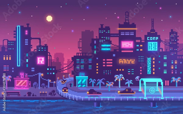 Obraz Pixel art cyberpunk metropolia tło.