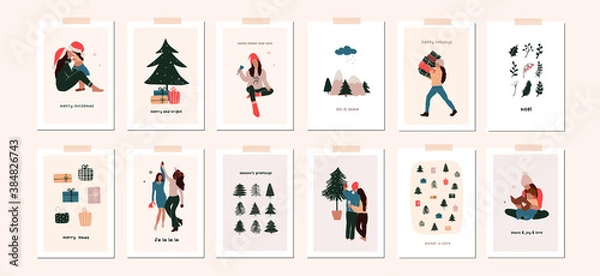 Fototapeta Zestaw kartek świątecznych z życzeniami świątecznymi i noworocznymi z rodzinnymi dziećmi Wektor streszczenie bożego narodzenia modna ilustracja w ręcznie rysowane płaski