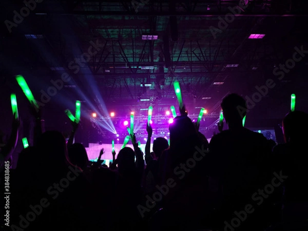 Obraz Crowd at concert : Silhouette people crowd happy and cheering with led foam stick light in front of bright colorful stage lights