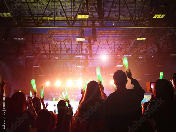 Obraz Crowd at concert : Silhouette people crowd happy and cheering with led foam stick light in front of bright colorful stage lights