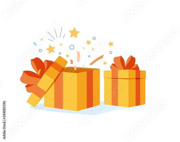 Fototapeta Open gift box, ribbons and confetti isolated on white background. Surprise event celebration, design for greeting.