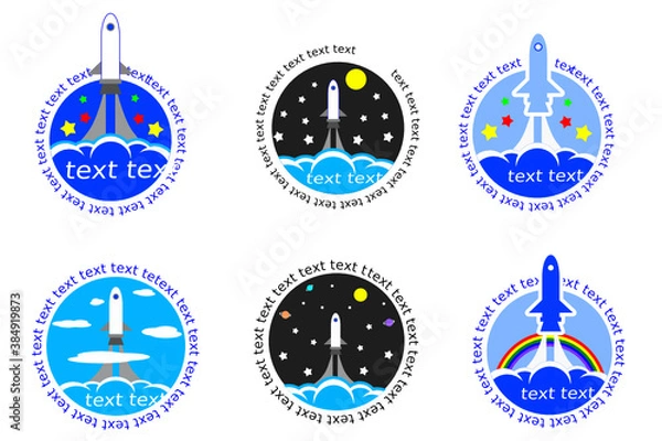 Fototapeta Vector graphic design of rocket launching to space. Rocket launch into sky with smoke, cloud, star, planet, moon, and rainbow.