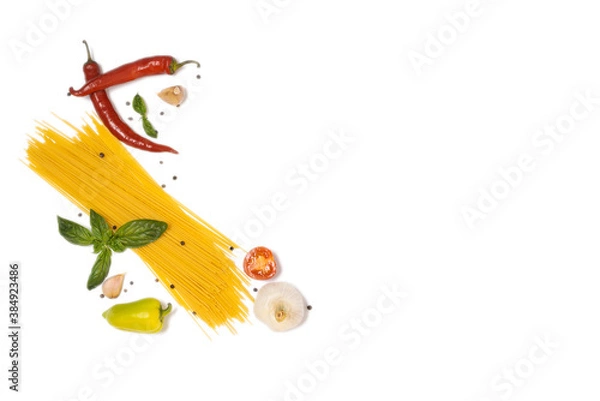 Obraz Composition of spaghetti  on white background. flat lay