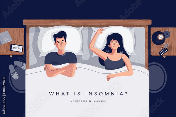 Fototapeta Insomnia vector illustration with a couple lying in bed together. Relationship problem or sleep disorder concept. Unhappy man and woman characters in night bedroom. Space for text. Flat cartoon style