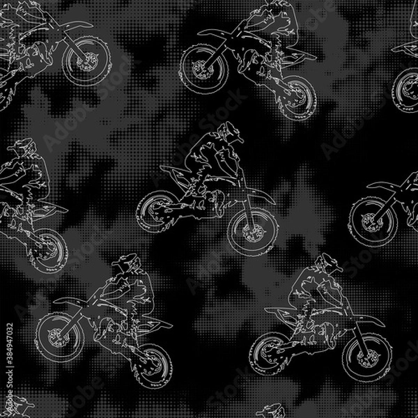 Fototapeta Seamless sport pattern with motocross. Abstract background with man on motorcycle.