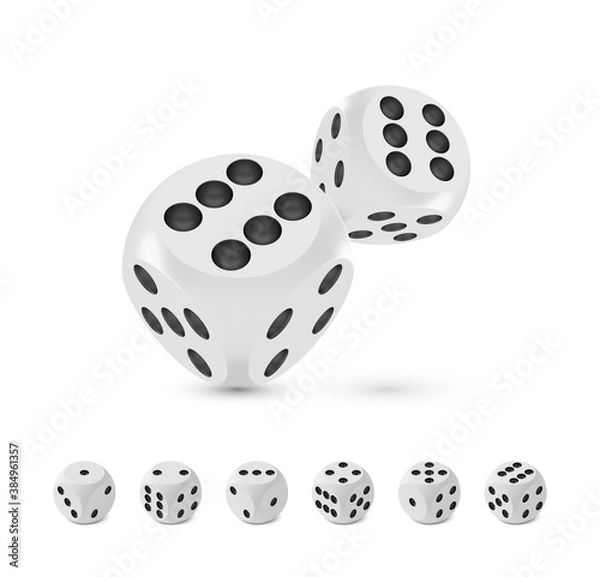 Fototapeta Good luck award craps concept, shiny realistic metallic two rolling hanging dices