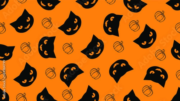Fototapeta Vector illustration. Traditionally, Halloween characters are a black cat and a pumpkin. Seamless pattern. Flat cartoon graphics. Ideas for brochures, posters, flyers, banners.