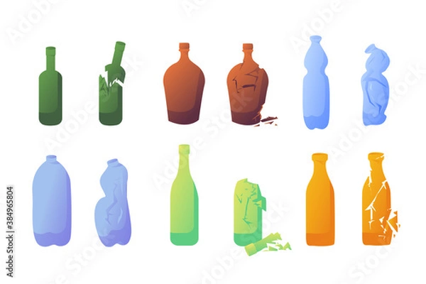 Fototapeta A set of glass and plastic bottles. Broken glass, crumpled plastic, waste recycling. Shattered empty bottles, isolated illustration.