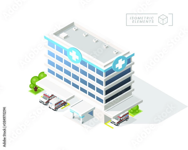 Fototapeta Isometric High Quality City Hospital with Shadows on White Background . Isolated Vector Elements