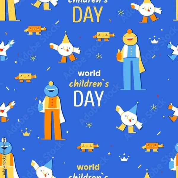 Fototapeta World Children's Day - November 20 - vector seamless pattern with cheerful childish geometric characters and the text on blue background. Annual celebration in honor of children