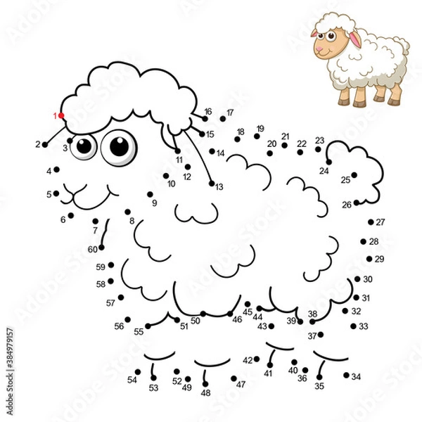Fototapeta Sheep. Dot to dot Game. Connect the dots by numbers to draw the Lamb. Game and Coloring Page with cartoon cute Sheep. Logic Games for Kids. Education card for kids learning counting number 1-60