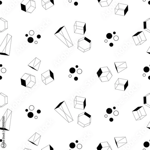 Fototapeta 3d geometric random shapes seamless pattern in black and white. Background with cubes, pyramids, polygons