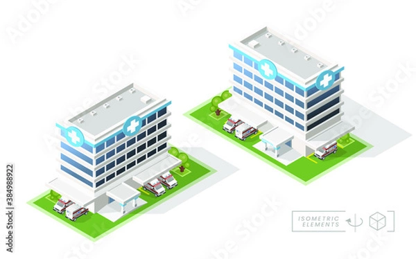Fototapeta Isometric High Quality City Hospital with Shadows on White Background . Isolated Vector Elements