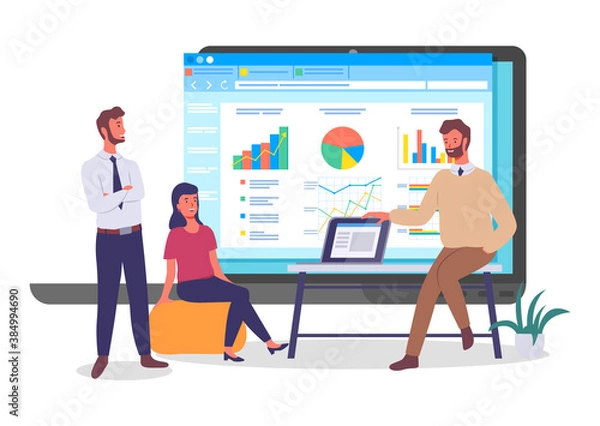 Fototapeta Programmers, coders or businesspeople analysing data, chart, graphics, infographics at website, young guy with laptop show presentation, people discussing graphic analytics, statistics, infocharts