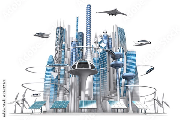 Obraz 3dcg of the future city of blue and white seen from the horizontal front by 3d rendering