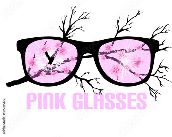 Fototapeta Broken rose-colored glasses with the inscription on the background of a branch