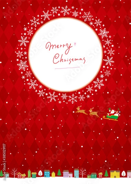 Obraz クリスマスの街並み背景、サンタクロースとトナカイのソリ、フルカラーバージョン赤