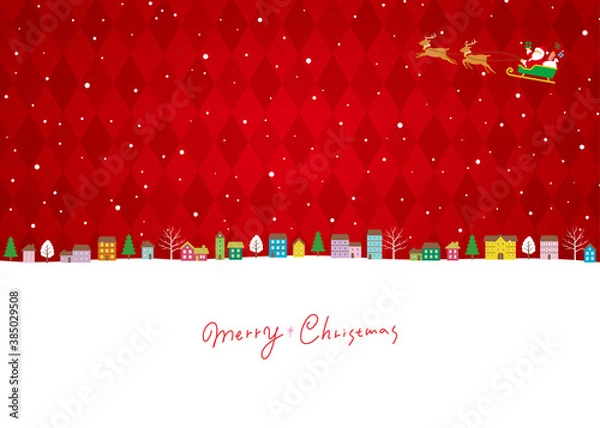 Obraz クリスマスの街並み背景、サンタクロースとトナカイのソリ、フルカラーバージョン赤