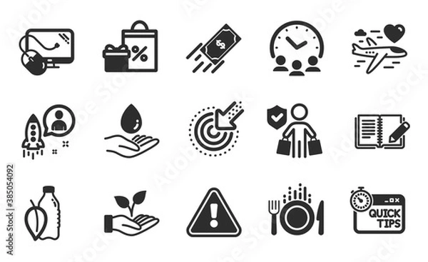 Fototapeta Helping hand, Meeting time and Buyer insurance icons simple set. Honeymoon travel, Targeting and Quick tips signs. Water care, Computer mouse and Startup symbols. Flat icons set. Vector