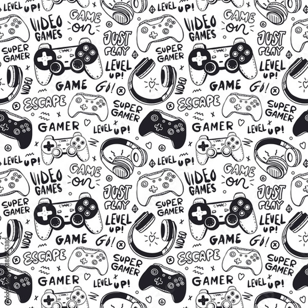 Fototapeta Seamless pattern with joysticks, text and headphones for a boy. Hand drawing, typography, cool background for game designs. Print for children's textiles, paper, T-shirts. Doodles and lettering.