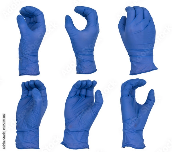 Obraz Hand wearing blue nitrile examination glove in a round grip posture, various views