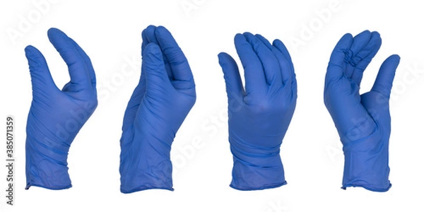 Obraz Hand wearing blue nitrile examination glove holding small invisible object, various views