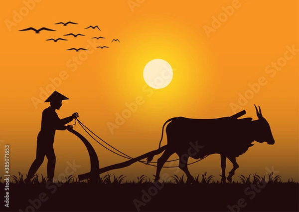 Fototapeta stock vector silhouette farmer plowing cow in the field graphic illustration