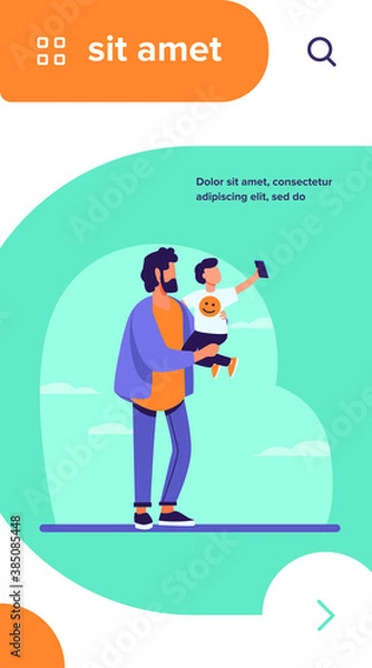 Fototapeta Young father holding child with mobile phone. Selfie, kid, smartphone flat vector illustration. Family and digital technology concept for banner, website design or landing web page