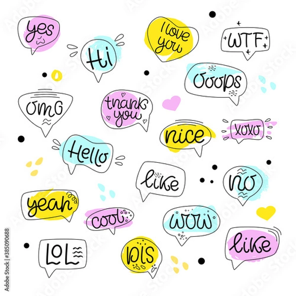 Fototapeta SPEECH BUBBLES hand draw set of Colorful bubble talk phrases dialog words. Online chat clouds with different words comments information shapes. Vector illustration.