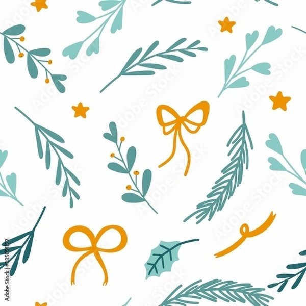 Fototapeta Christmas botanical seamless pattern. Holiday hand drawn leaves and yellow berries, fir tree branches, winter traditional xmas background, decor textile fabric wrapping paper wallpaper vector texture