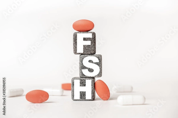Fototapeta a group of white and red pills and cubes with the word FSH Follicle stimulating hormone on them, white background. Concept carehealth, treatment, therapy.