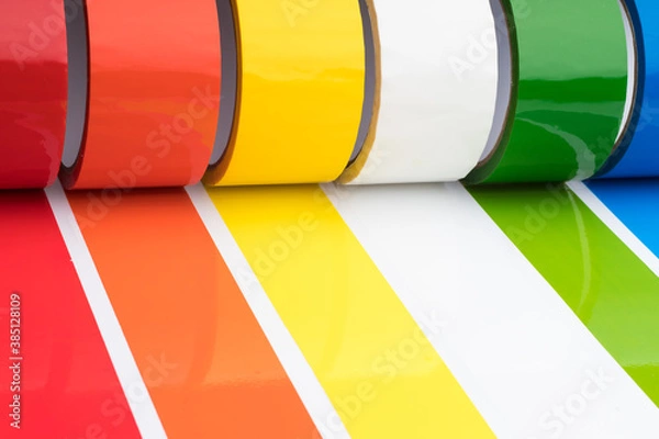 Fototapeta Colored adhesive tape rolls. Stripes of colored tape pasted side by side